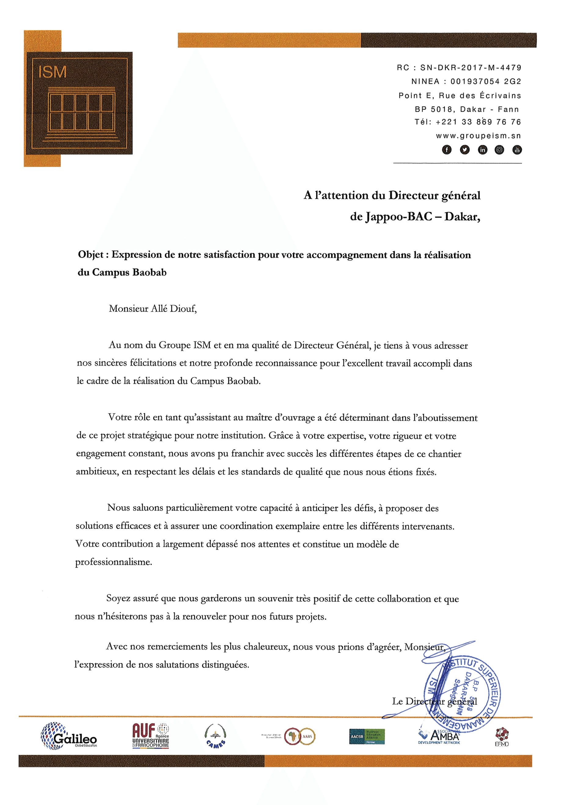 Lettre d'attestation de satisfaction du Groupe ISM adressée à JAPPO-BAC — Projet Campus Baobab