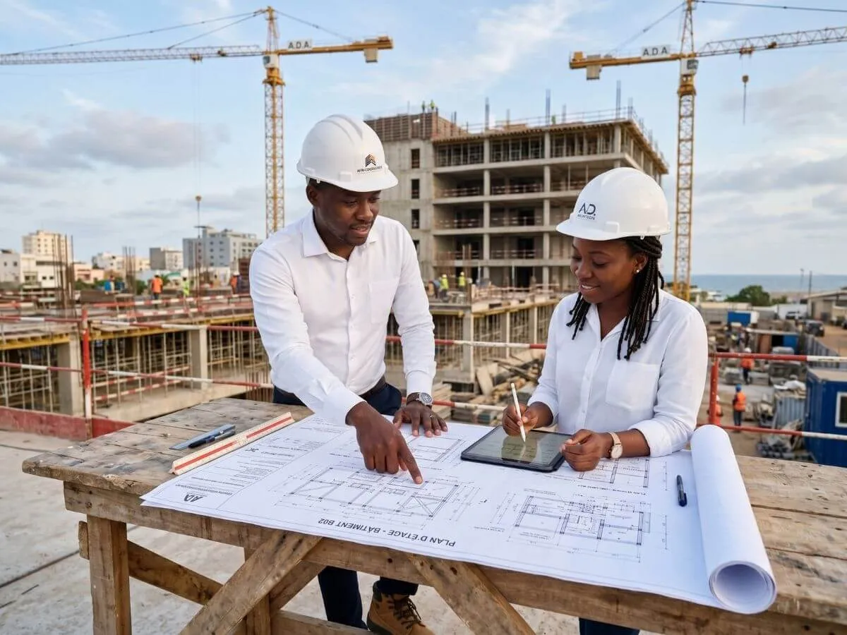 Ingénieurs SSIC examinant des plans de construction — Assistance à la Maîtrise d'Ouvrage